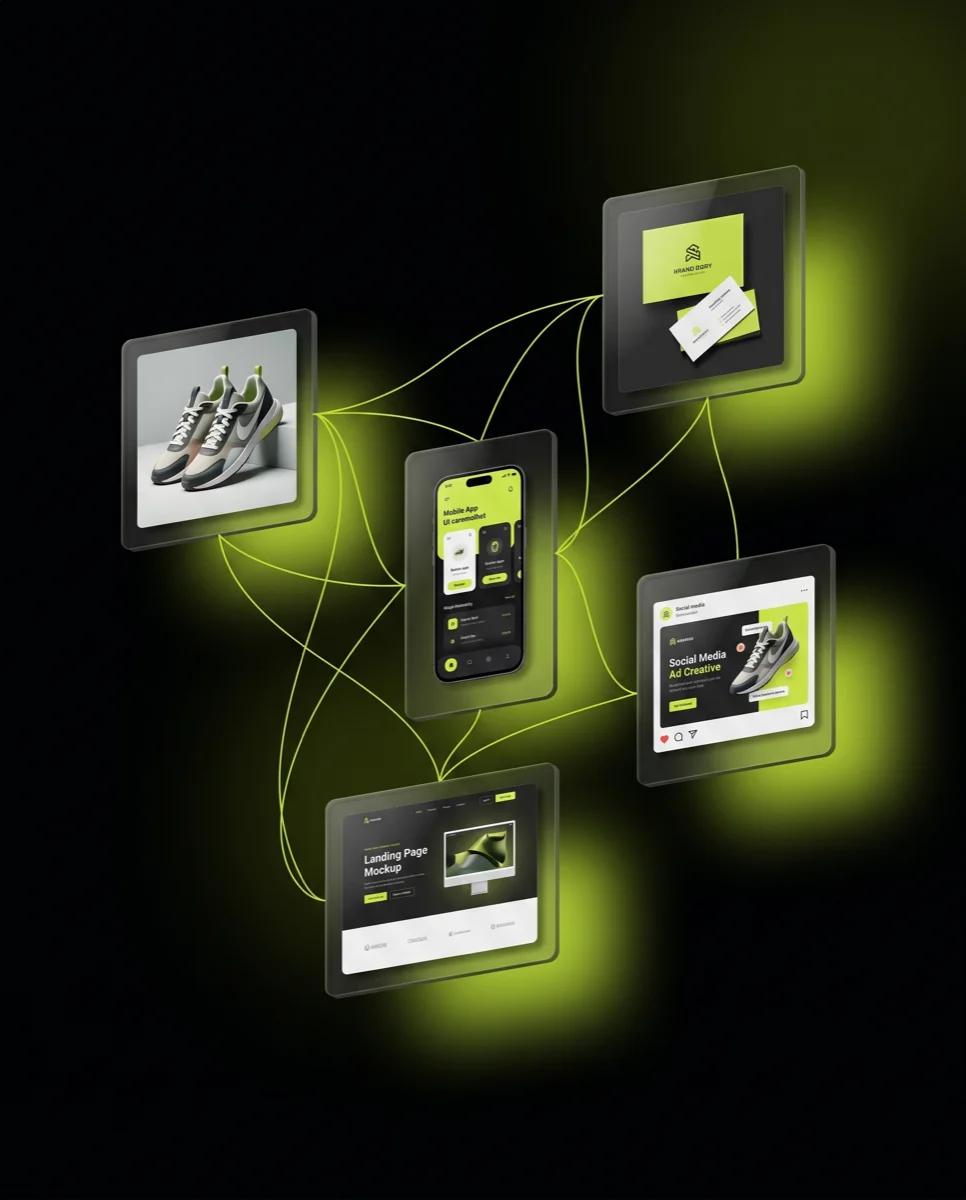AI-generated deliverables floating in space connected by lime green neural network lines