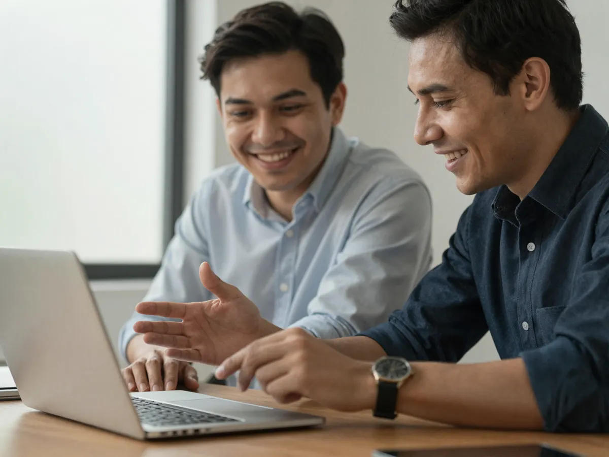 Two people discussing a project together